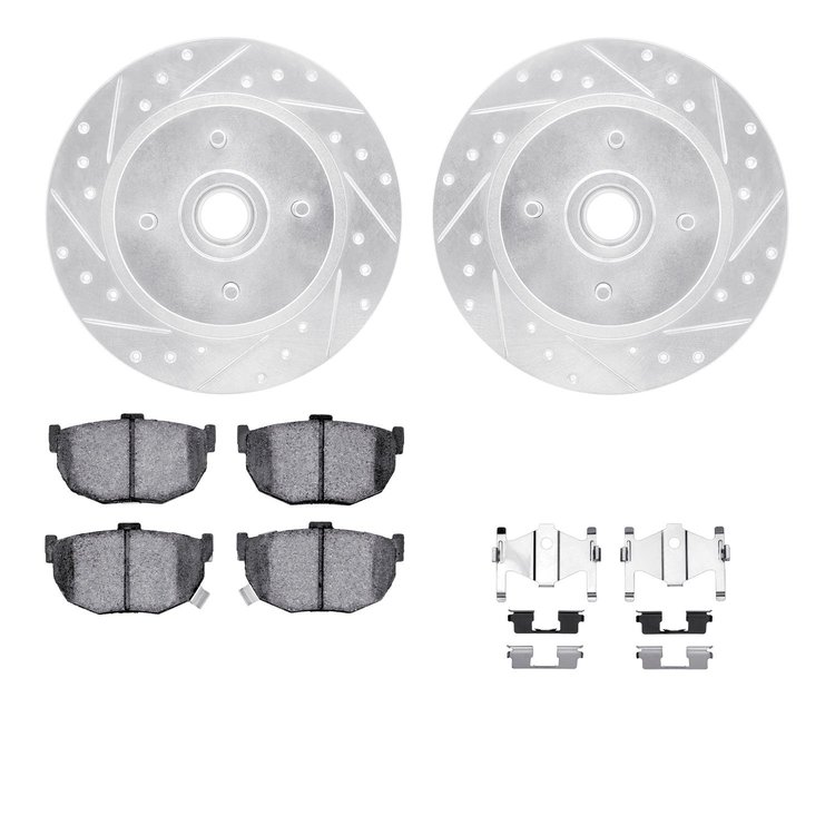 7312-67043 Drilled/Slotted Brake Rotor with 3000-Series Ceramic Brake Pads Kit & Hardware [Silver], 1985-1987 Infiniti/Nissan, P