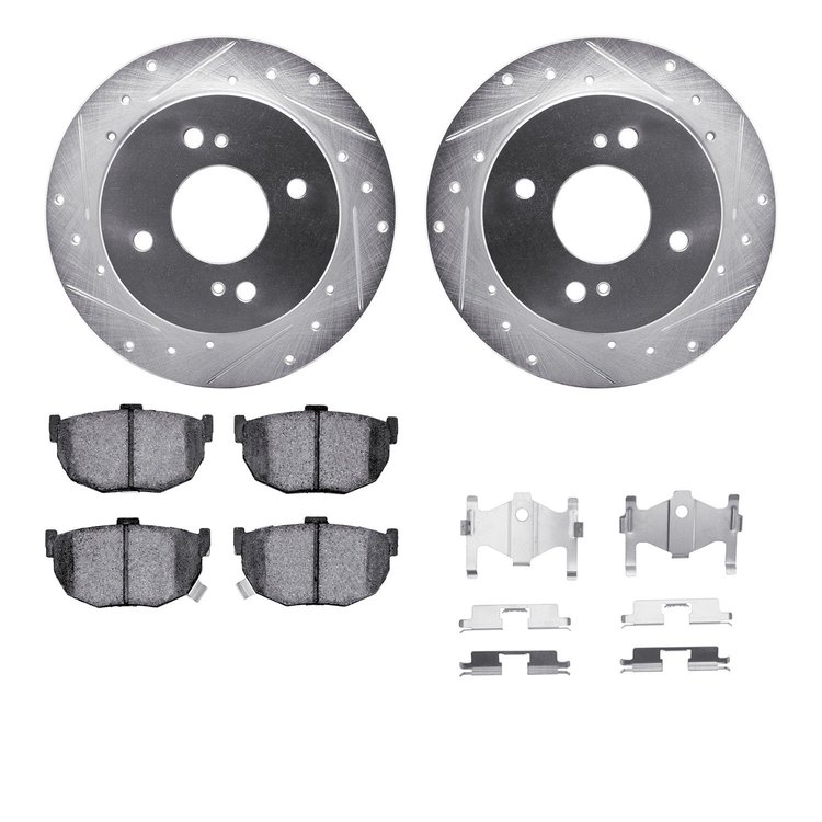 7312-67047 Drilled/Slotted Brake Rotor with 3000-Series Ceramic Brake Pads Kit & Hardware [Silver], 1984-1984 Infiniti/Nissan, P