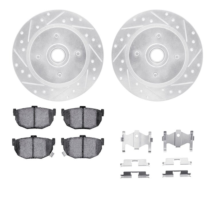 7312-67048 Drilled/Slotted Brake Rotor with 3000-Series Ceramic Brake Pads Kit & Hardware [Silver], 1984-1984 Infiniti/Nissan, P