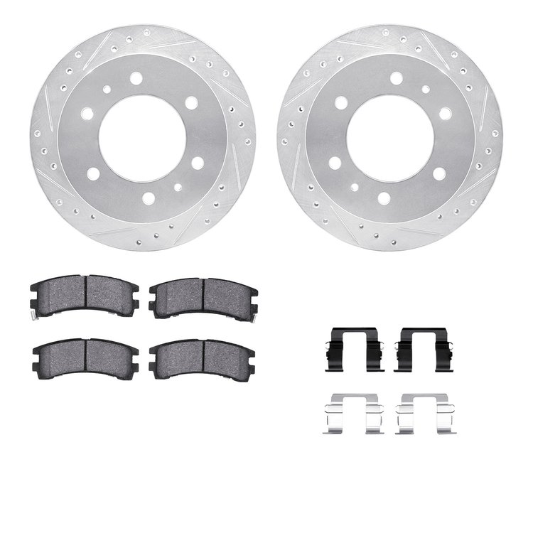 7312-67055 Drilled/Slotted Brake Rotor with 3000-Series Ceramic Brake Pads Kit & Hardware [Silver], 1988-1995 Infiniti/Nissan, P