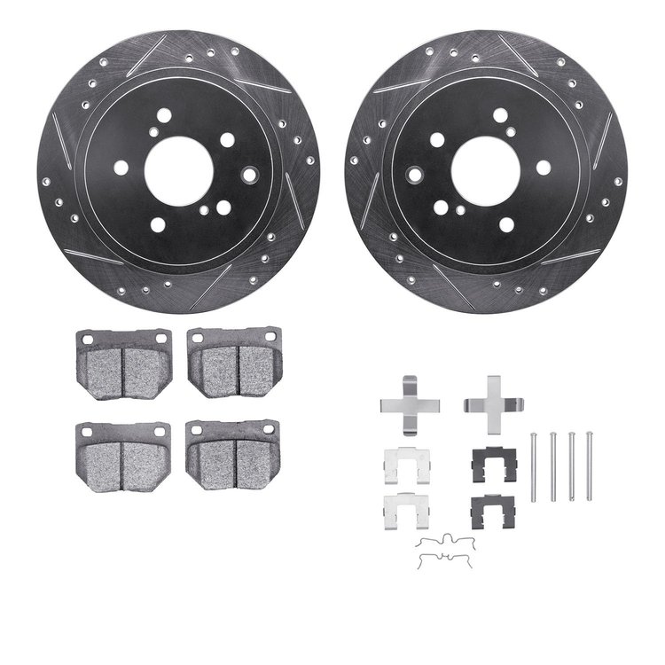 7312-67058 Drilled/Slotted Brake Rotor with 3000-Series Ceramic Brake Pads Kit & Hardware [Silver], 1989-1996 Infiniti/Nissan, P