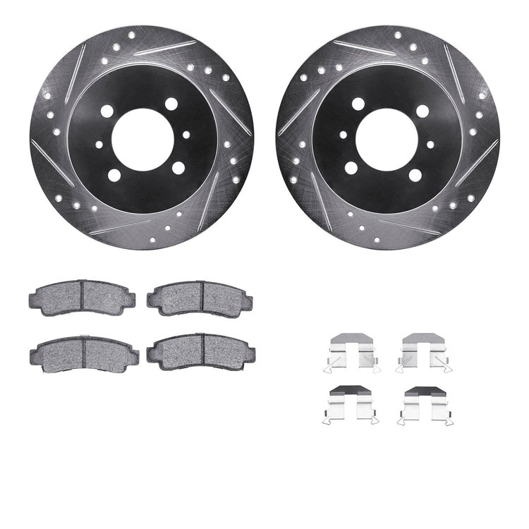 7312-67062 Drilled/Slotted Brake Rotor with 3000-Series Ceramic Brake Pads Kit & Hardware [Silver], 1991-1994 Infiniti/Nissan, P