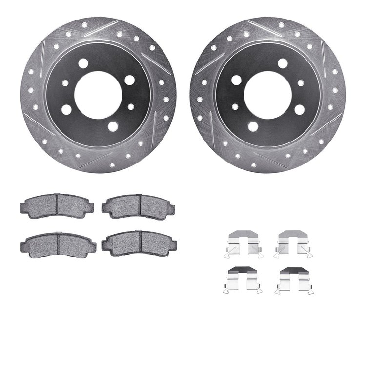 7312-67063 Drilled/Slotted Brake Rotor with 3000-Series Ceramic Brake Pads Kit & Hardware [Silver], 1991-2006 Infiniti/Nissan, P