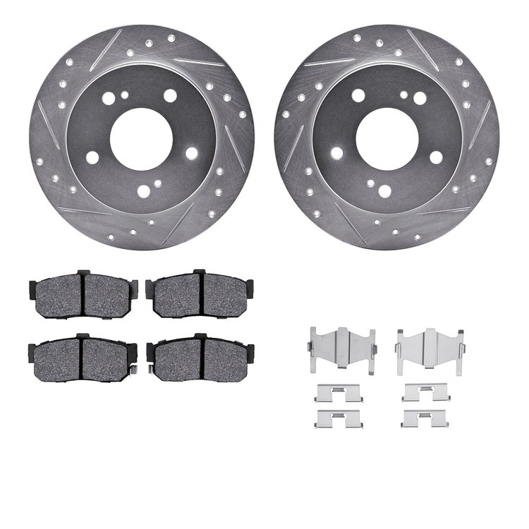 7312-67064 Drilled/Slotted Brake Rotor with 3000-Series Ceramic Brake Pads Kit & Hardware [Silver], 1991-1993 Infiniti/Nissan, P