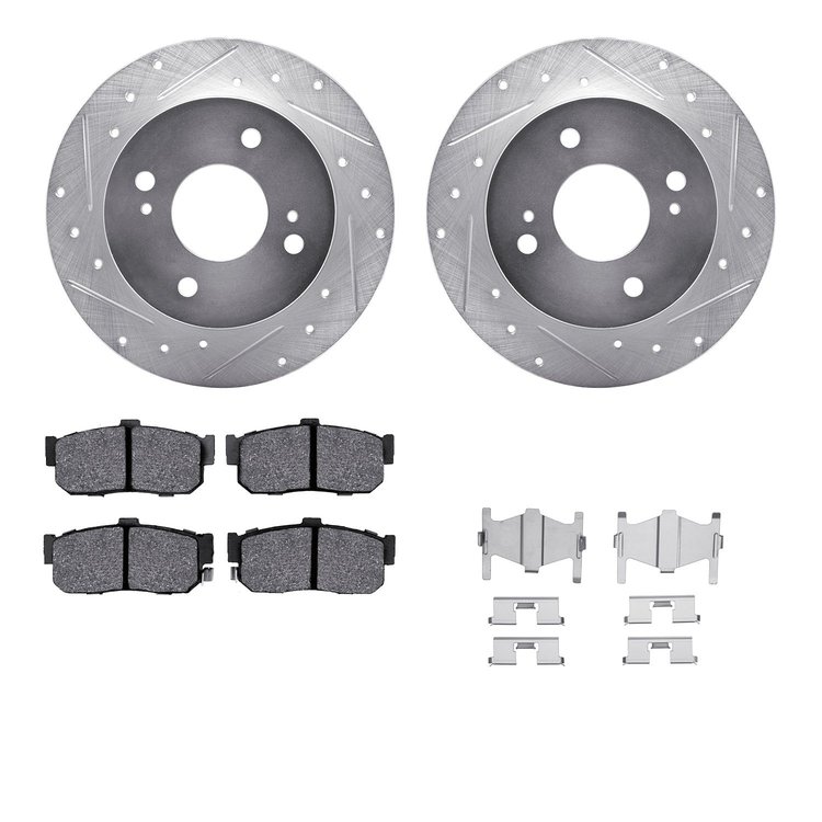 7312-67065 Drilled/Slotted Brake Rotor with 3000-Series Ceramic Brake Pads Kit & Hardware [Silver], 1991-2001 Infiniti/Nissan, P