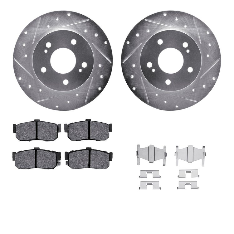 7312-67066 Drilled/Slotted Brake Rotor with 3000-Series Ceramic Brake Pads Kit & Hardware [Silver], 1994-2000 Infiniti/Nissan, P