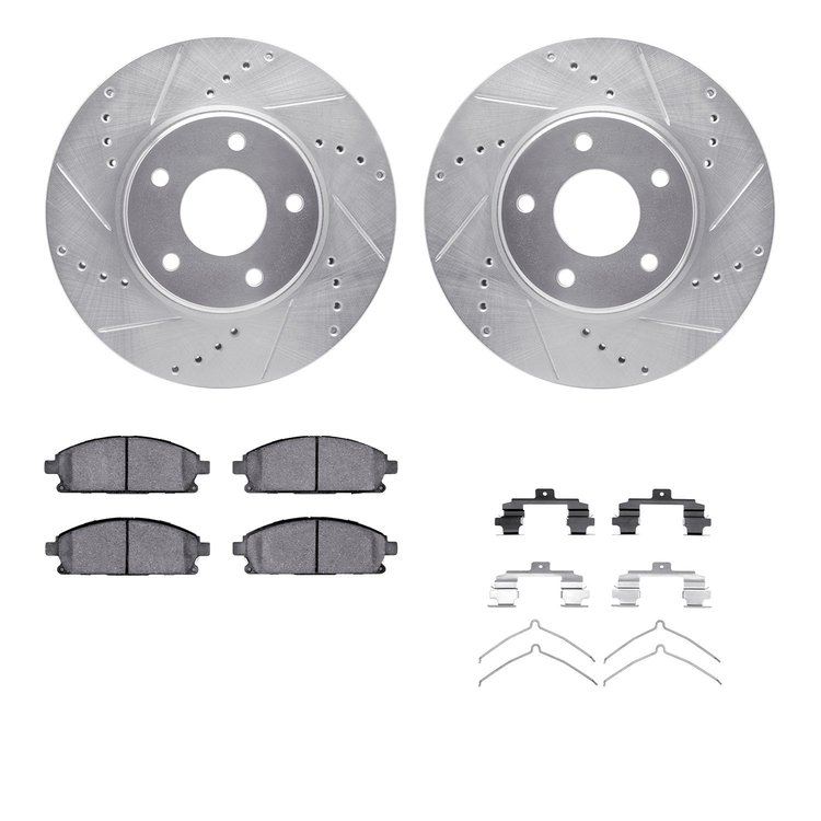 7312-67079 Drilled/Slotted Brake Rotor with 3000-Series Ceramic Brake Pads Kit & Hardware [Silver], 2004-2017 Infiniti/Nissan, P