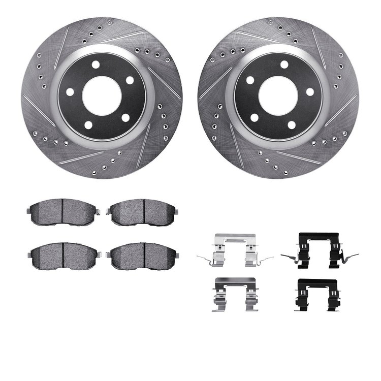 7312-67085 Drilled/Slotted Brake Rotor with 3000-Series Ceramic Brake Pads Kit & Hardware [Silver], 2007-2012 Infiniti/Nissan, P