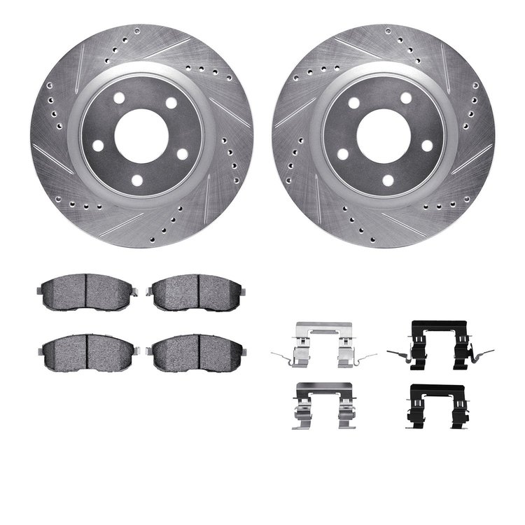 7312-67086 Drilled/Slotted Brake Rotor with 3000-Series Ceramic Brake Pads Kit & Hardware [Silver], 2011-2019 Infiniti/Nissan, P