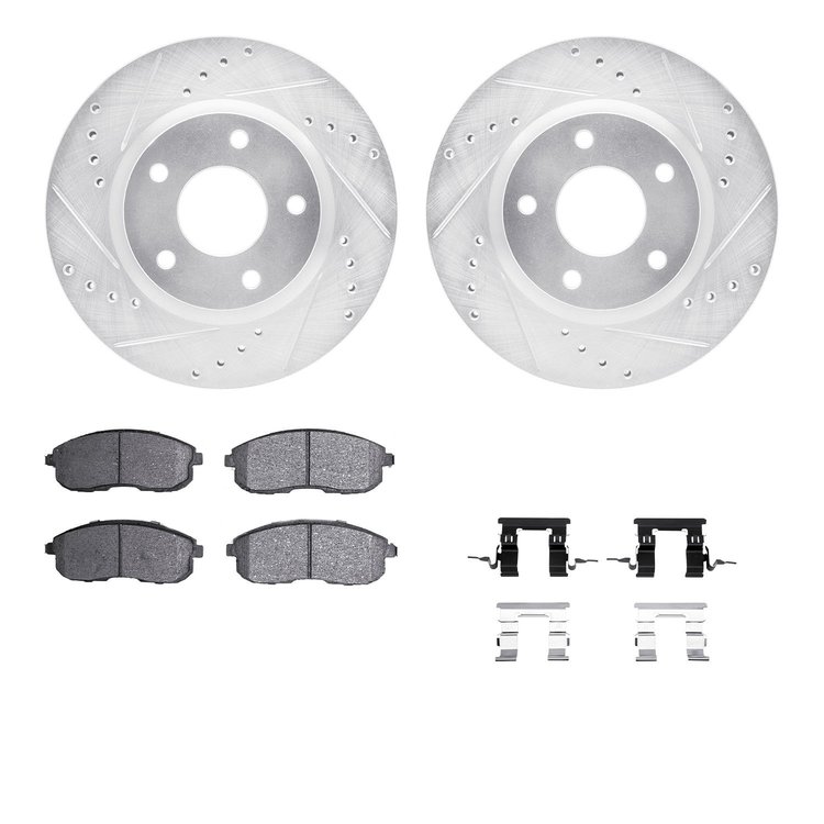 7312-67089 Drilled/Slotted Brake Rotor with 3000-Series Ceramic Brake Pads Kit & Hardware [Silver], 2013-2019 Infiniti/Nissan, P