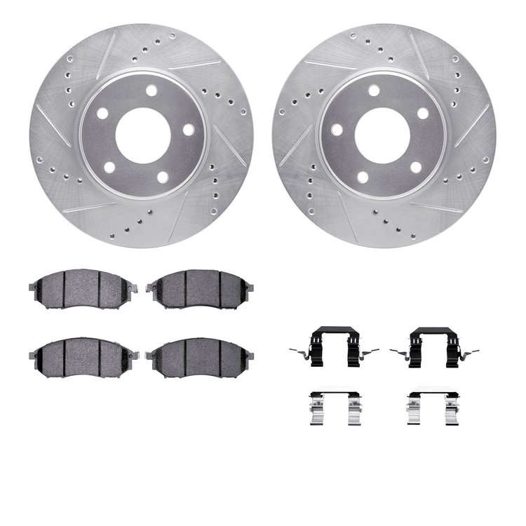 7312-67093 Drilled/Slotted Brake Rotor with 3000-Series Ceramic Brake Pads Kit & Hardware [Silver], 2002-2006 Infiniti/Nissan, P