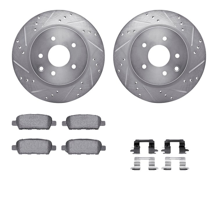 7312-67100 Drilled/Slotted Brake Rotor with 3000-Series Ceramic Brake Pads Kit & Hardware [Silver], 2005-2021 Infiniti/Nissan, P