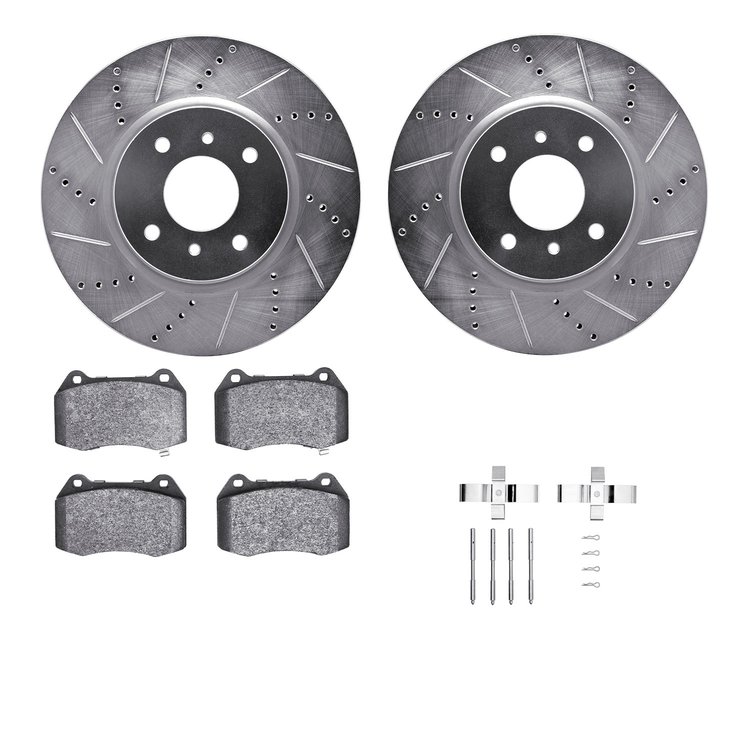 7312-67103 Drilled/Slotted Brake Rotor with 3000-Series Ceramic Brake Pads Kit & Hardware [Silver], 2004-2006 Infiniti/Nissan, P