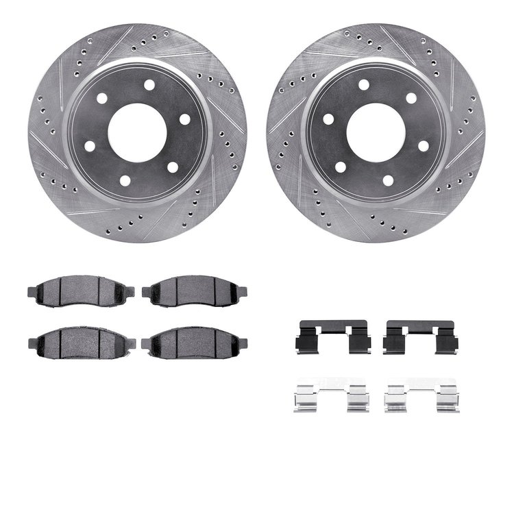 7312-67113 Drilled/Slotted Brake Rotor with 3000-Series Ceramic Brake Pads Kit & Hardware [Silver], 2005-2007 Infiniti/Nissan, P