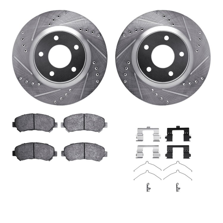 7312-67116 Drilled/Slotted Brake Rotor with 3000-Series Ceramic Brake Pads Kit & Hardware [Silver], 2008-2015 Infiniti/Nissan, P