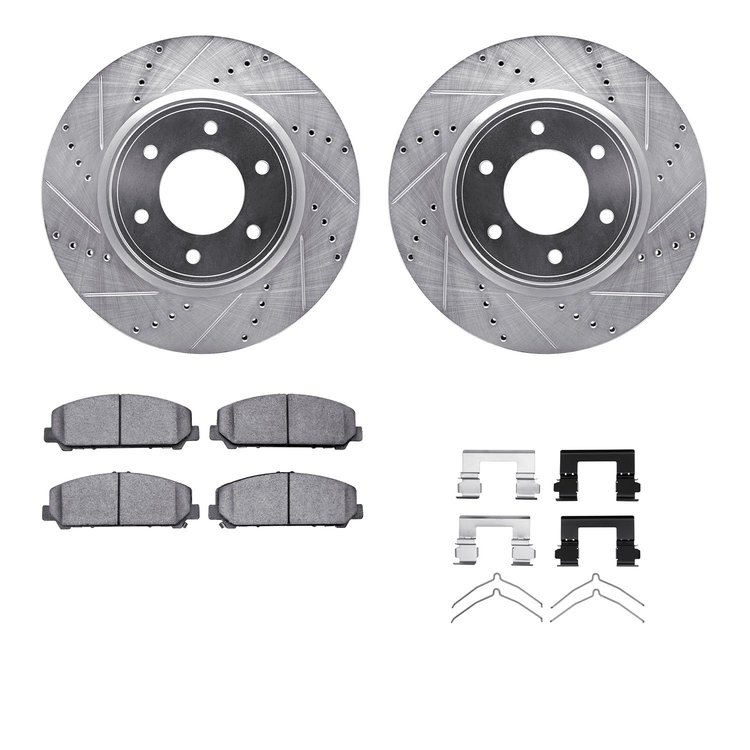 7312-67119 Drilled/Slotted Brake Rotor with 3000-Series Ceramic Brake Pads Kit & Hardware [Silver], Fits Select Infiniti/Nissan,