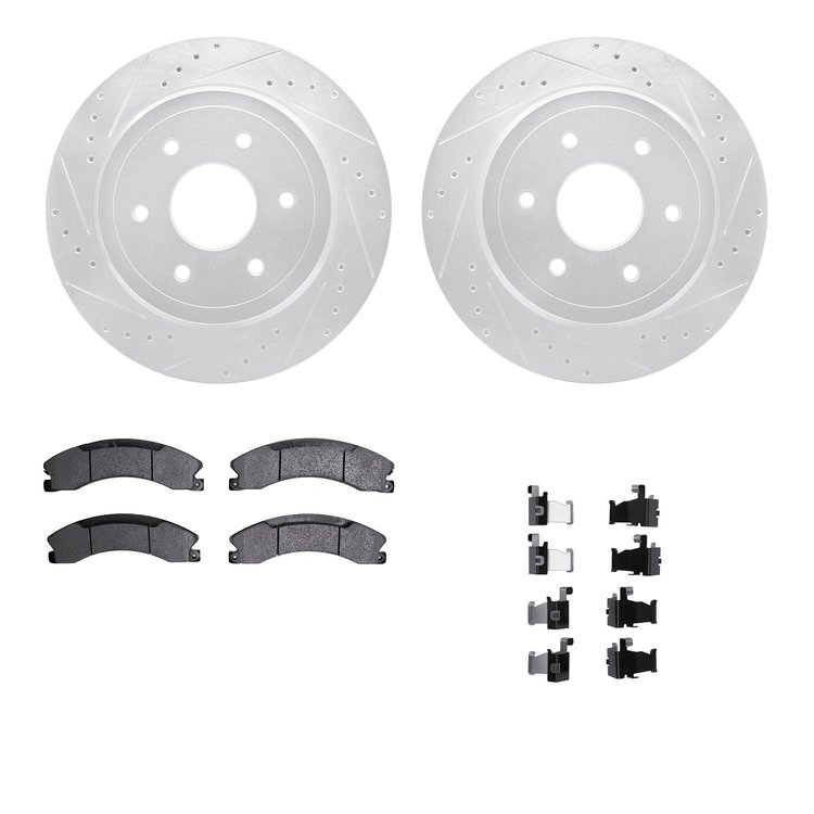 7312-67123 Drilled/Slotted Brake Rotor with 3000-Series Ceramic Brake Pads Kit & Hardware [Silver], Fits Select Infiniti/Nissan,