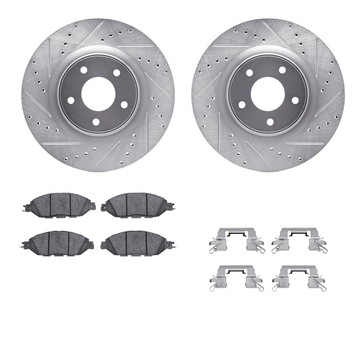 7312-67125 Drilled/Slotted Brake Rotor with 3000-Series Ceramic Brake Pads Kit & Hardware [Silver], Fits Select Infiniti/Nissan,