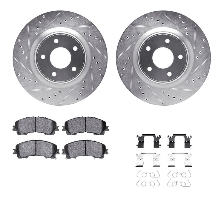 7312-67129 Drilled/Slotted Brake Rotor with 3000-Series Ceramic Brake Pads Kit & Hardware [Silver], Fits Select Infiniti/Nissan,