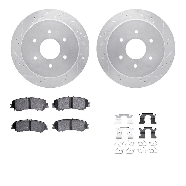 7312-67131 Drilled/Slotted Brake Rotor with 3000-Series Ceramic Brake Pads Kit & Hardware [Silver], Fits Select Infiniti/Nissan,