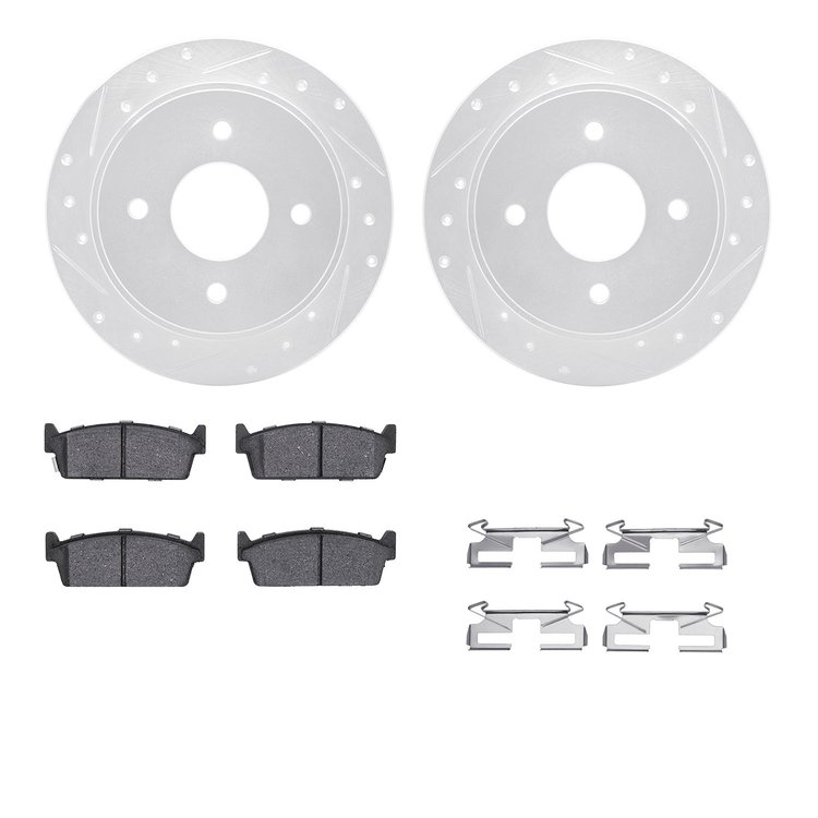 7312-68002 Drilled/Slotted Brake Rotor with 3000-Series Ceramic Brake Pads Kit & Hardware [Silver], 1990-1992 Infiniti/Nissan, P