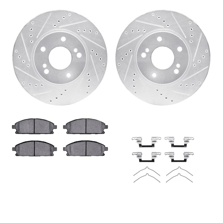 7312-68008 Drilled/Slotted Brake Rotor with 3000-Series Ceramic Brake Pads Kit & Hardware [Silver], 1997-2001 Infiniti/Nissan, P