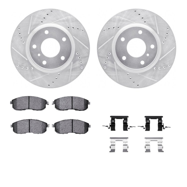 7312-68009 Drilled/Slotted Brake Rotor with 3000-Series Ceramic Brake Pads Kit & Hardware [Silver], 2003-2005 Infiniti/Nissan, P