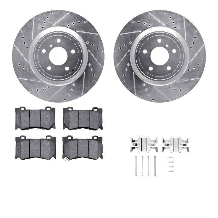7312-68015 Drilled/Slotted Brake Rotor with 3000-Series Ceramic Brake Pads Kit & Hardware [Silver], Fits Select Infiniti/Nissan,