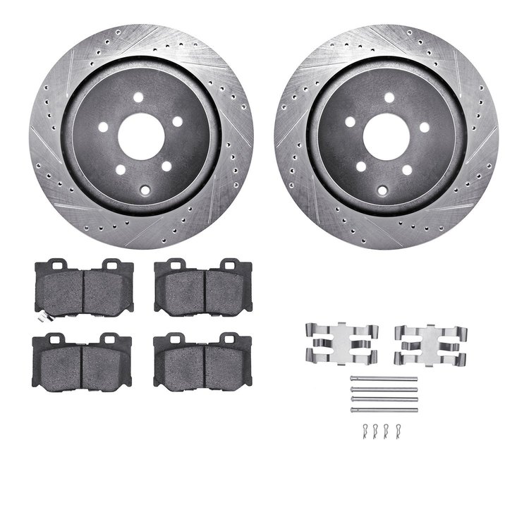 7312-68017 Drilled/Slotted Brake Rotor with 3000-Series Ceramic Brake Pads Kit & Hardware [Silver], Fits Select Infiniti/Nissan,