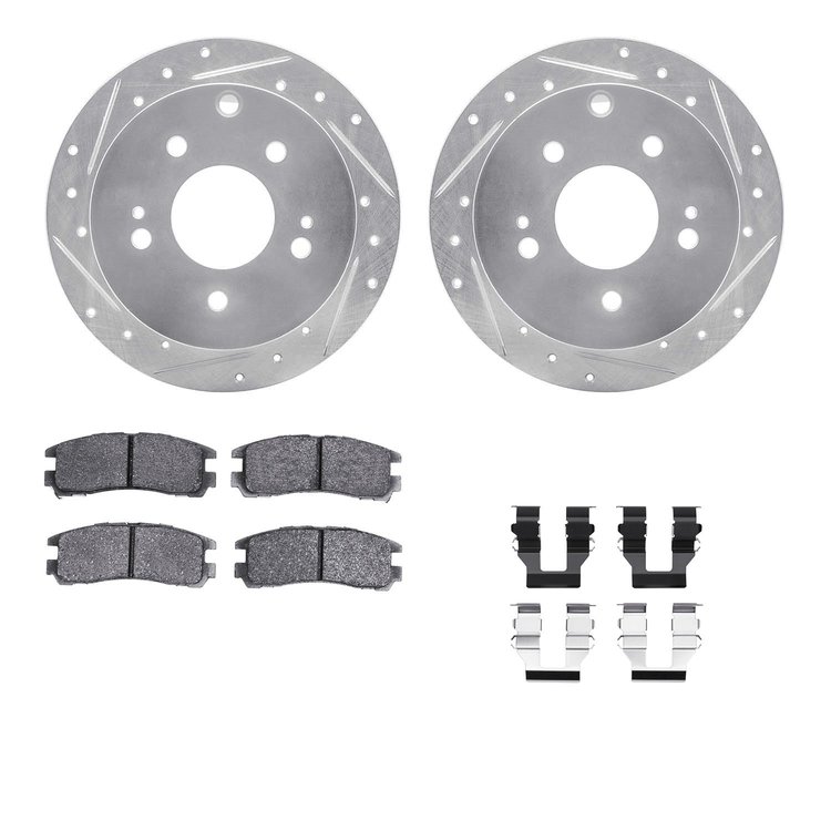 7312-72029 Drilled/Slotted Brake Rotor with 3000-Series Ceramic Brake Pads Kit & Hardware [Silver], 2004-2012 Mitsubishi, Positi