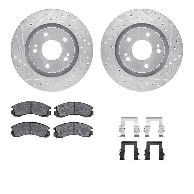 7312-72045 Drilled/Slotted Brake Rotor with 3000-Series Ceramic Brake Pads Kit & Hardware [Silver], Fits Select Mitsubishi, Posi