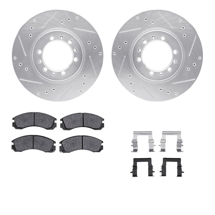 7312-72046 Drilled/Slotted Brake Rotor with 3000-Series Ceramic Brake Pads Kit & Hardware [Silver], 1994-2000 Mitsubishi, Positi