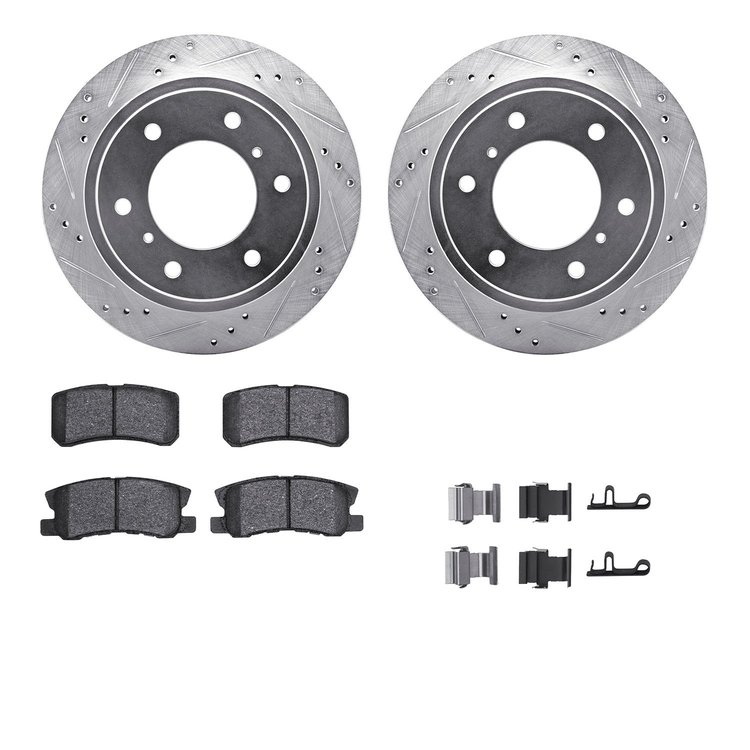 7312-72073 Drilled/Slotted Brake Rotor with 3000-Series Ceramic Brake Pads Kit & Hardware [Silver], 2000-2006 Mitsubishi, Positi