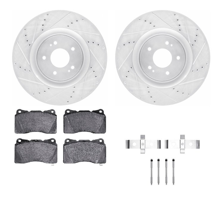 7312-72082 Drilled/Slotted Brake Rotor with 3000-Series Ceramic Brake Pads Kit & Hardware [Silver], 2008-2015 Mitsubishi, Positi