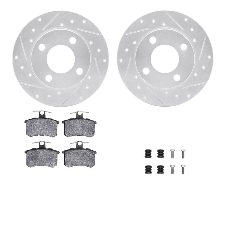 7312-73004 Drilled/Slotted Brake Rotor with 3000-Series Ceramic Brake Pads Kit & Hardware [Silver], 1984-1995 Audi/Volkswagen, P