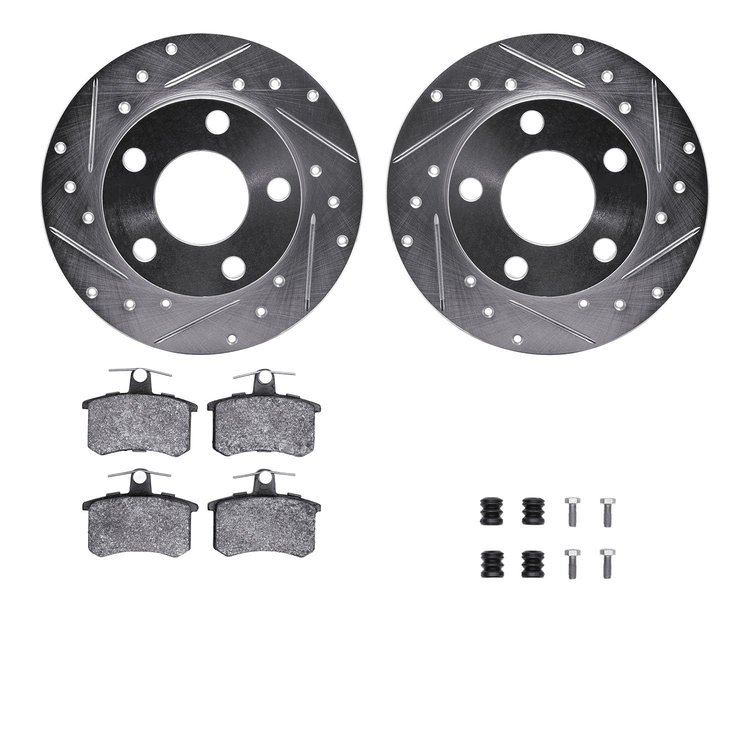 7312-73006 Drilled/Slotted Brake Rotor with 3000-Series Ceramic Brake Pads Kit & Hardware [Silver], 1986-2000 Audi/Volkswagen, P