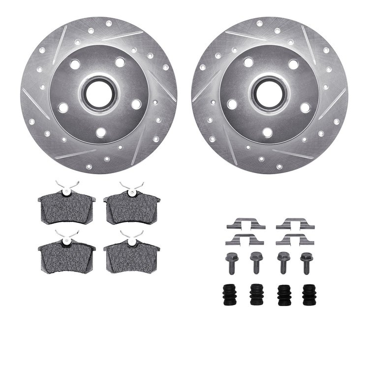 7312-73024 Drilled/Slotted Brake Rotor with 3000-Series Ceramic Brake Pads Kit & Hardware [Silver], 2000-2008 Audi/Volkswagen, P