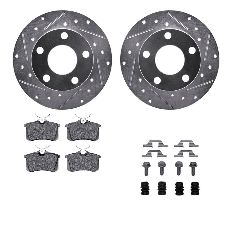 7312-73025 Drilled/Slotted Brake Rotor with 3000-Series Ceramic Brake Pads Kit & Hardware [Silver], 1999-2001 Audi/Volkswagen, P