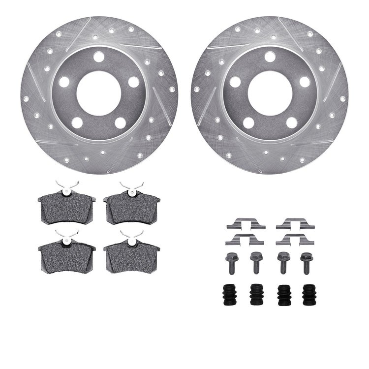 7312-73027 Drilled/Slotted Brake Rotor with 3000-Series Ceramic Brake Pads Kit & Hardware [Silver], 1999-2005 Audi/Volkswagen, P