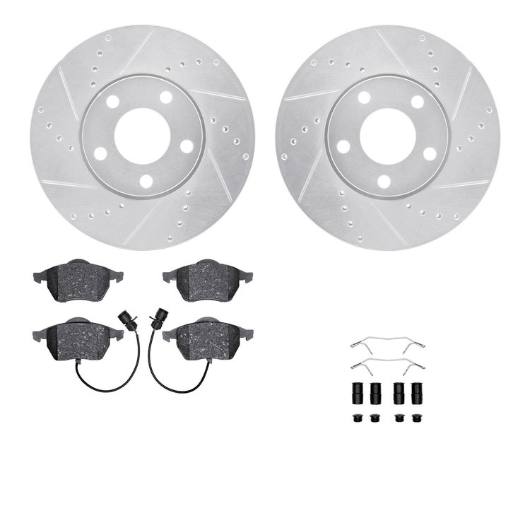 7312-73035 Drilled/Slotted Brake Rotor with 3000-Series Ceramic Brake Pads Kit & Hardware [Silver], 1992-1998 Audi/Volkswagen, P