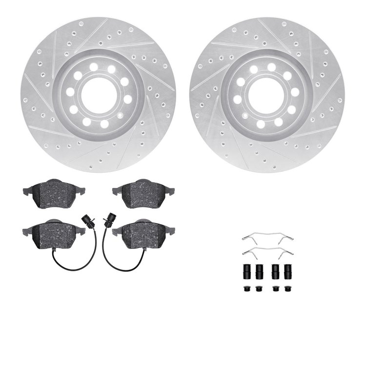 7312-73036 Drilled/Slotted Brake Rotor with 3000-Series Ceramic Brake Pads Kit & Hardware [Silver], 1997-2000 Audi/Volkswagen, P