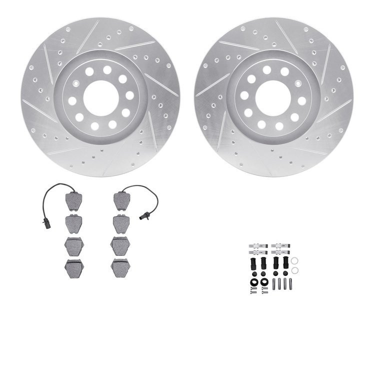 7312-73046 Drilled/Slotted Brake Rotor with 3000-Series Ceramic Brake Pads Kit & Hardware [Silver], 1999-2005 Audi/Volkswagen, P