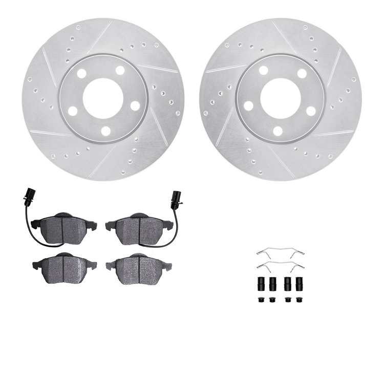 7312-73047 Drilled/Slotted Brake Rotor with 3000-Series Ceramic Brake Pads Kit & Hardware [Silver], 1998-2008 Audi/Volkswagen, P