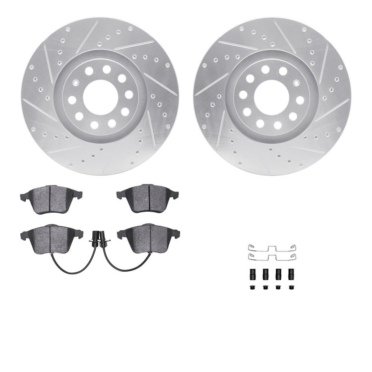 7312-73049 Drilled/Slotted Brake Rotor with 3000-Series Ceramic Brake Pads Kit & Hardware [Silver], 2001-2005 Audi/Volkswagen, P