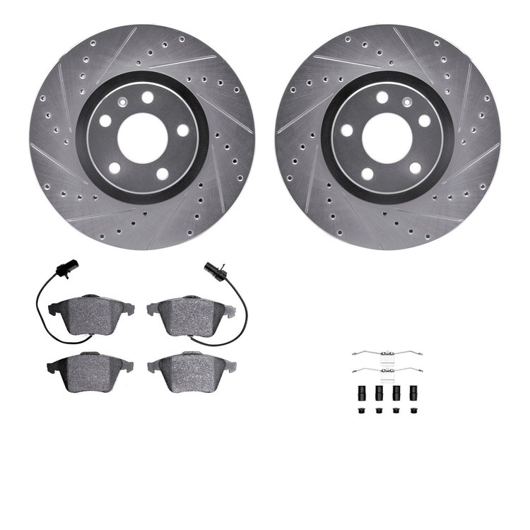 7312-73053 Drilled/Slotted Brake Rotor with 3000-Series Ceramic Brake Pads Kit & Hardware [Silver], 2005-2011 Audi/Volkswagen, P