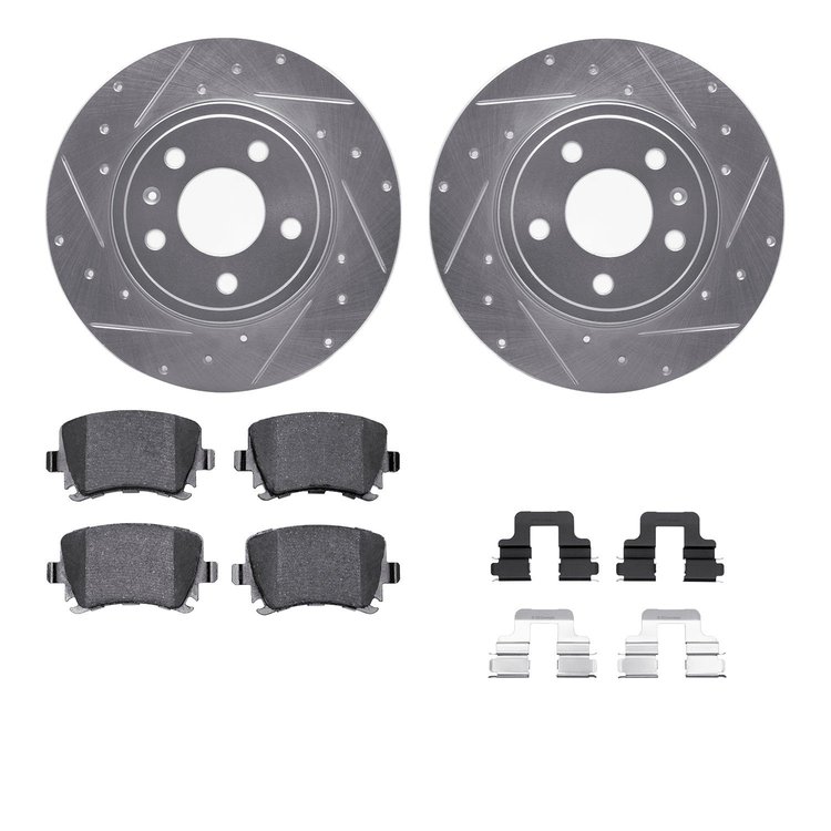 7312-73057 Drilled/Slotted Brake Rotor with 3000-Series Ceramic Brake Pads Kit & Hardware [Silver], 2000-2009 Audi/Volkswagen, P