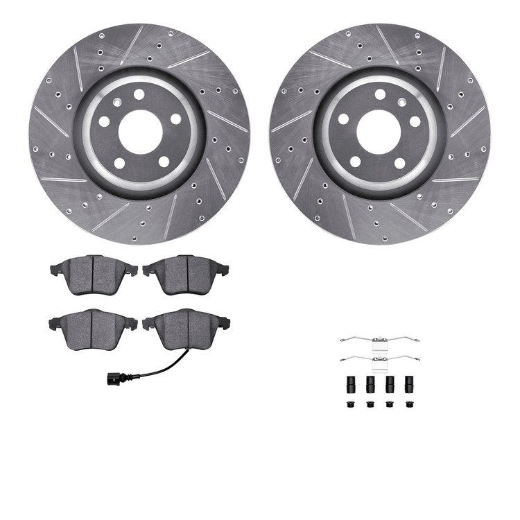 7312-73061 Drilled/Slotted Brake Rotor with 3000-Series Ceramic Brake Pads Kit & Hardware [Silver], 2012-2015 Audi/Volkswagen, P