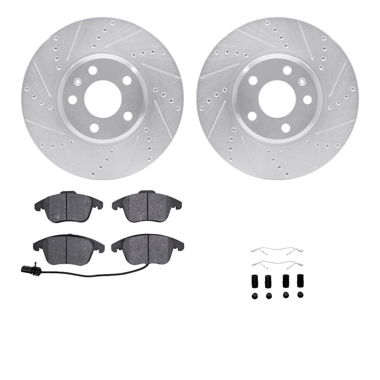 7312-73070 Drilled/Slotted Brake Rotor with 3000-Series Ceramic Brake Pads Kit & Hardware [Silver], 2009-2016 Audi/Volkswagen, P