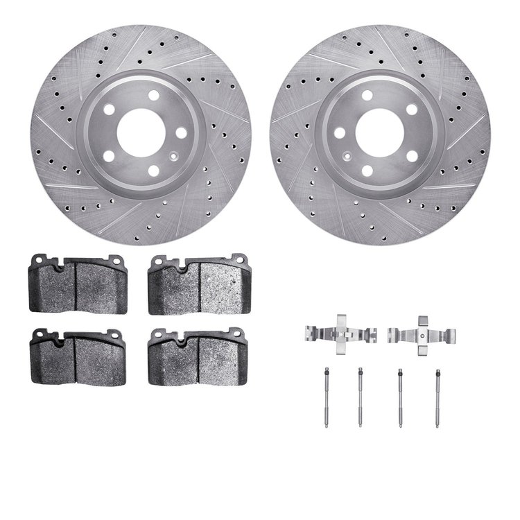 7312-73077 Drilled/Slotted Brake Rotor with 3000-Series Ceramic Brake Pads Kit & Hardware [Silver], 2013-2017 Audi/Volkswagen, P