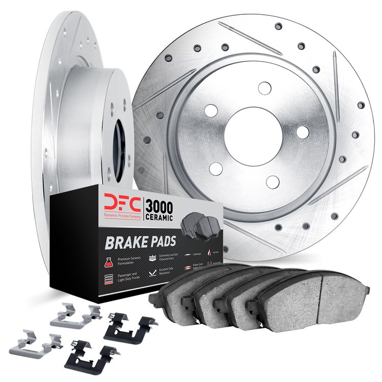 7312-73079 Drilled/Slotted Brake Rotor with 3000-Series Ceramic Brake Pads Kit & Hardware [Silver], Fits Select Audi/Volkswagen,